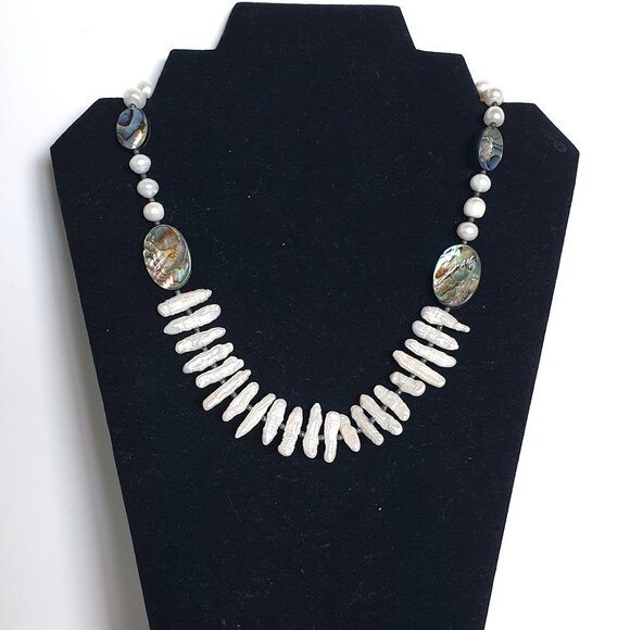 Vintage Genuine White Stick Pearl & Abalone Necklace with 925 Silver Clasp - Picture 11 of 12